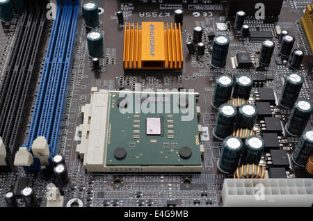 Computer motherboard showing CPU Processor and Electronic components AMD Athlon microprocessor technology Stock Photo