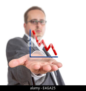 Business man reaches out his arm with a stock exchange graph going downwards  floating over his hand. Isolated on White Backgrou Stock Photo