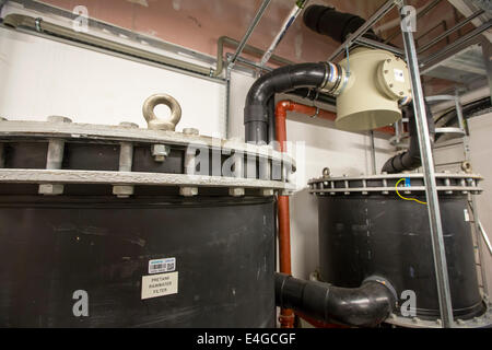 The grey water recycling system at the Crystal building which is the first building in the world to be awarded an outstanding BREEAM (BRE Environmental Assessment Method) rating and a LEED (Leadership in Energy and Environmental Design) platinum rating. London, UK. Stock Photo