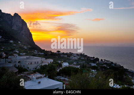 Sunset on Capri Island with typical village. Stock Photo