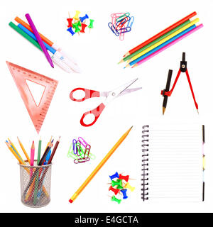 Selection of various individual school supplies isolated on white Stock Photo