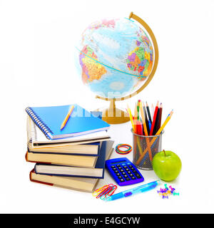 Group of various school supplies and items over a white background Stock Photo
