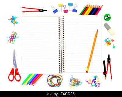 Blank opened notebook with pencil and colorful school supplies surrounding Stock Photo