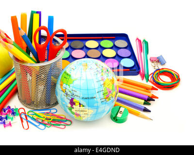 Colorful collection of various school supplies over white Stock Photo