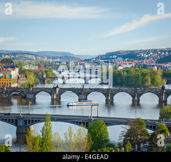 Travel Prague concept background - elevated view of bridges over Vltava river from Letná Park. Prague, Czech Republic Stock Photo