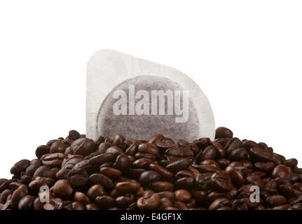 Coffee pods and beans isolated on white background. Stock Photo