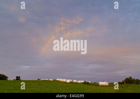 Goshen, New York, USA. 10th July, 2014. A partial rainbow appears in the sky over a field at 5 Spoke Creamery in Goshen, New York, at sunset. © Tom Bushey/ZUMA Wire/Alamy Live News Stock Photo