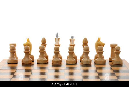 white chessmen on wooden chessboard over white Stock Photo