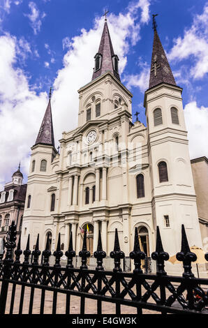 Outside View of Iron Fence with St. Louis Cathedral in the French Quarter, New Orleans LA USA Stock Photo