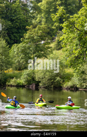 Kayaking on the River Dee near Horseshoe Falls, Llangollen, North Wales, UK Stock Photo