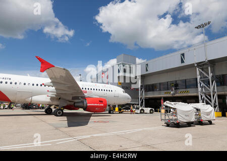 Gambia bird aircraft leased to AJW avaition aircraft spares support on a stand at Gatwick Airport. Stock Photo