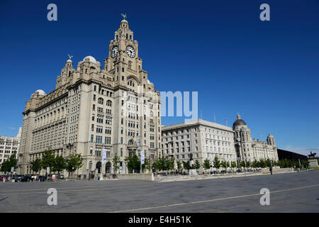 Iconic Royal Liver Building, Cunard Building and the Port of Liverpool Building at Pier Head on Liverpools waterfront. Stock Photo