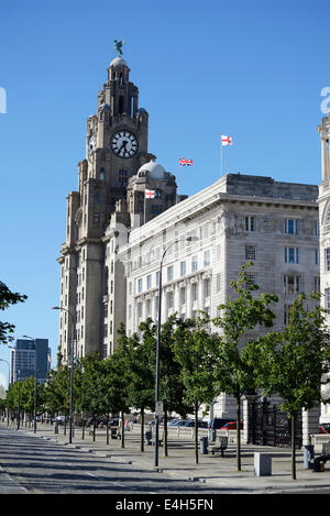 The iconic Cunard and royal liver buildings at Pier Head, Liverpool. Grade 1 buildings and a UNESCO World Heritage site. Stock Photo