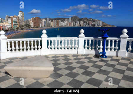 Ornate terraces at the Playa Del Castell, Old Town Benidorm resort, Costa Blanca, Valencia Province, Spain, Europe. Stock Photo