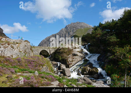 Tourists admire the scenery of Snowdonia by Ogwen Falls at Pont Pen y Benglog in North Wales. Stock Photo