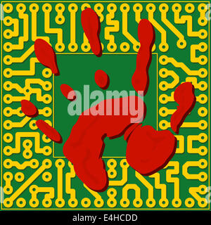 Computer technology fingerprinting. Handprint over the the electronic board - illustration Stock Photo
