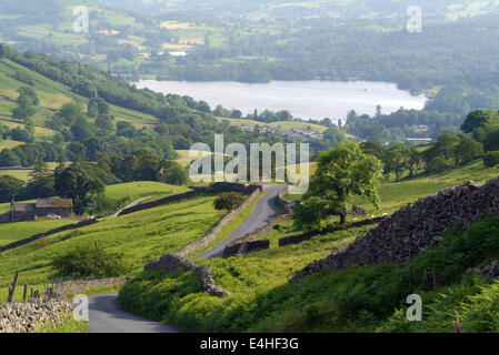 Lake Windermere seen from the top of the Kirkstone pass, looking down the road that links Windermere to Ullswater, Stock Photo