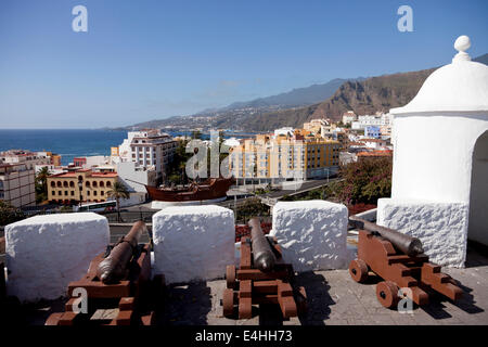 Fortress Castillo de La Virgen and replica of the ship Santa Maria in Santa Cruz de La Palma, capital of the island La Palma, Stock Photo