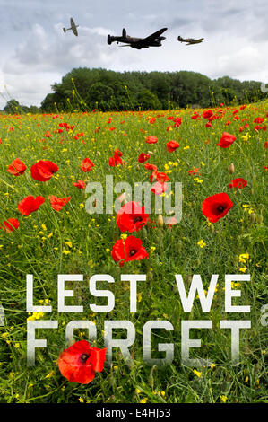 Aircrew remembrance poster featuring a Spitfire, a Lancaster and a Hurricane a over a field with poppies. Stock Photo
