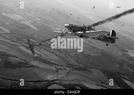 Battle of Britain aerial combat dogfight artwork showing RAF Hawker Hurricane shooting down a Luftwaffe Messerschmitt Bf 109. Stock Photo