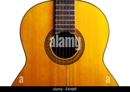 Color detail of an acoustic guitar with six strings. Stock Photo