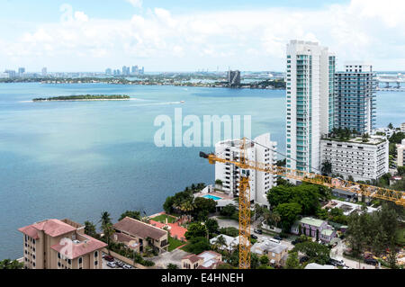 Aerial view of Biscayne Bay viewed from an upper floor of a new condominium high-rise tower in Midtown Miami, Florida, USA Stock Photo