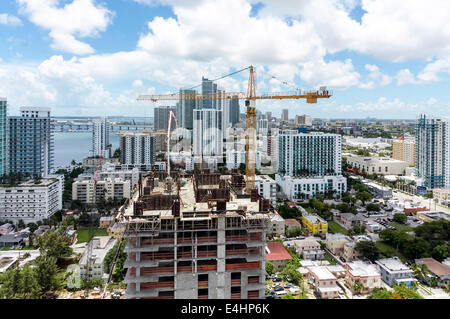 Aerial view of Biscayne Bay and Midtown viewed from upper floor of new condominium high-rise tower in Midtown Miami, Florida USA Stock Photo