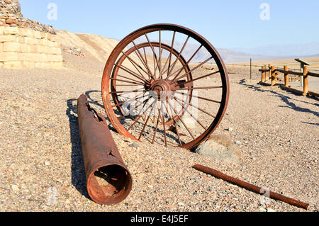 Old wagons and water tank at the Harmony Borax Works where 20 Mule Teams hauled the borax out of Death Valley in the 1880's. Stock Photo