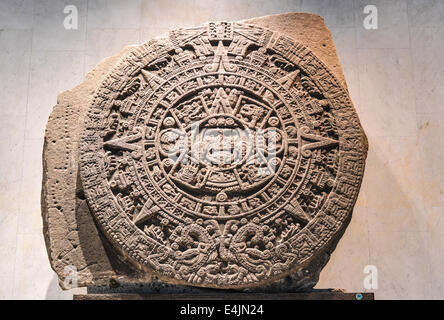 The Aztec calendar stone, Mexica sun stone, Stone of the Sun  or Stone of the Five Eras, is a large monolithic sculpture. Stock Photo