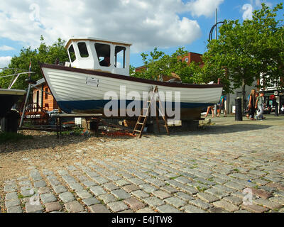 A small fishing boat on land with a step ladder beside it for access Stock Photo