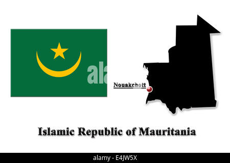 Black silhouette of the map of Islamic Republic of Mauritania with flag and designation of capital Stock Photo