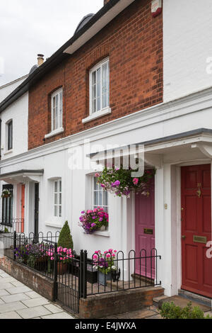 Whitewashed terraced cottage with pretty front garden and floral hanging baskets, Henley-on-Thames, Oxfordshire, UK Stock Photo