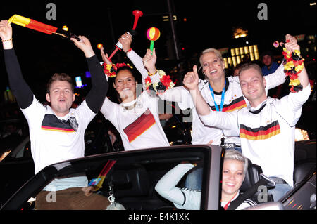 Freiburg, Germany. 13th July, 2014. German football fans celebrate on the streets of Freiburg after Germany wins the World Cup 2014, defeating Argentina 1-0 in the final. Photo: Miroslav Dakov/ Alamy Live News Stock Photo