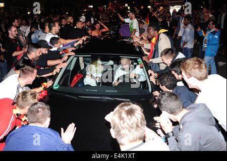 Freiburg, Germany. 13th July, 2014. German football fans celebrate on the streets of Freiburg after Germany wins the World Cup 2014, defeating Argentina 1-0 in the final. Photo: Miroslav Dakov/ Alamy Live News Stock Photo