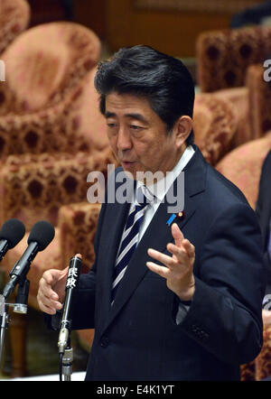Tokyo, Japan. 14th July, 2014. Prime Minister Shizo Abe launches into his own theory of a new interpretation of Article 9 of the nation's U.S.-drafted post-World War II constitution as Japanese lawmakers meet in the Diet lower house to deliberate the right to collective self-defense in Tokyo on Monday, July 14, 2014. Abe is determined to have the new Japan-U.S. Defense Cooperation Guidelines to be revised late this year. Credit:  Natsuki Sakai/AFLO/Alamy Live News Stock Photo
