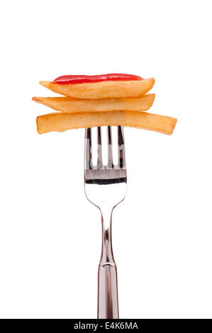 Three french fries with ketchup on a fork Stock Photo