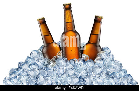 Three beer bottles getting cool in ice cubes. Isolated on a white background. File contains clipping pats. Stock Photo