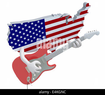 American map with arms that play electric guitar, 3d illustration Stock Photo