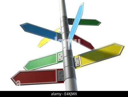 A collection of generic blank directional street signs all facing different directions on a pole on an isolated white background Stock Photo