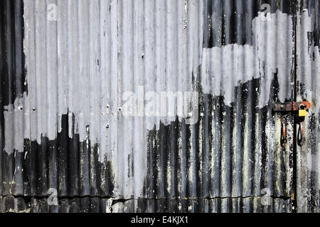 Distressed old corrugated iron fence with a door background Stock Photo