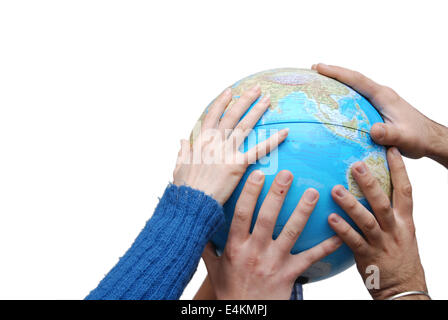 Teamwok concept with hands on globe Stock Photo