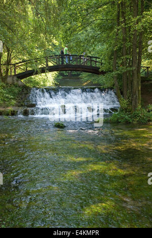 wooden bring over small waterfall Stock Photo