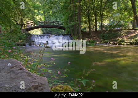 wooden bring over small waterfall Stock Photo