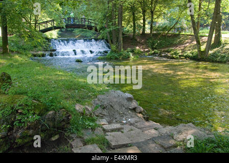 wooden bring over small waterfall Stock Photo