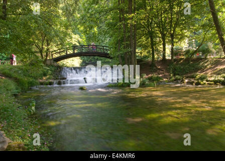 wooden bring over small waterfall Stock Photo