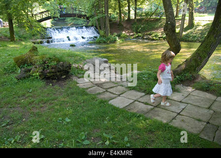 wooden bring over small waterfall Stock Photo