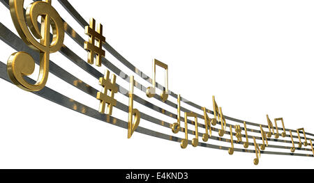 A concept showing literal gold metallic music symbols and notes on the five wavy octave lines on an isolated white background Stock Photo