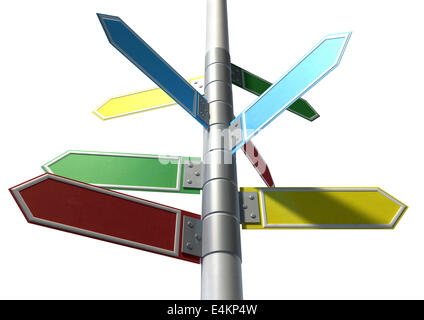 A collection of generic blank directional street signs all facing different directions on a pole on an isolated white background Stock Photo