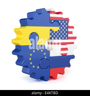 Puzzle gear of stacked flags European Union, USA, Russia, and Ukraine. Isolated on white background Stock Photo