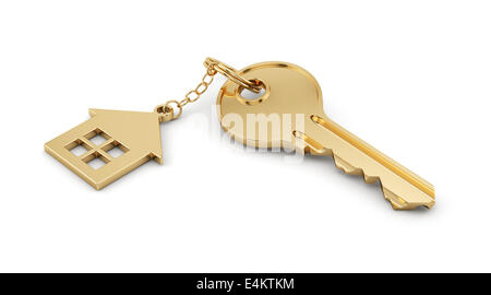 3d render of golden home key isolated on white background. Estate concept Stock Photo